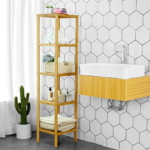 SONGMICS 5-Tier Bamboo Bathroom Shelf, Freestanding Narrow Shelf Unit, Multifunctional Storage Shelf, Corner Shelf, for Kitchen, Living Room, Bedroom, Hallway, Natural BCB55Y 4 SONGMICS 5-Tier Bamboo Bathroom Shelf, Freestanding Narrow Shelf Unit, Multifunctional Storage Shelf, Corner Shelf, for Kitchen, Living Room, Bedroom, Hallway, Natural BCB55Y - Image 4