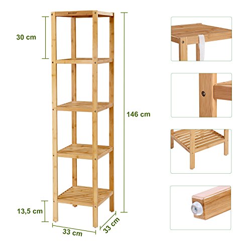 SONGMICS 5-Tier Bamboo Bathroom Shelf, Freestanding Narrow Shelf Unit, Multifunctional Storage Shelf, Corner Shelf, for Kitchen, Living Room, Bedroom, Hallway, Natural BCB55Y 5 SONGMICS 5-Tier Bamboo Bathroom Shelf, Freestanding Narrow Shelf Unit, Multifunctional Storage Shelf, Corner Shelf, for Kitchen, Living Room, Bedroom, Hallway, Natural BCB55Y - Image 5