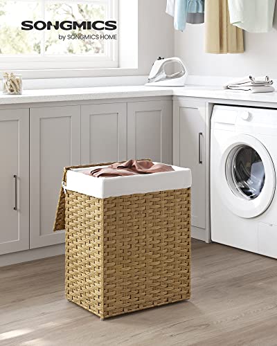 SONGMICS Laundry Basket, 90L Synthetic Rattan Storage Basket with Lid and Handles, Wicker, Foldable, Removable Liners, for Blankets, Clothes, Living Room, Bedroom, Laundry Room, Natural Colour LCB51NL 2 SONGMICS Laundry Basket, 90L Synthetic Rattan Storage Basket with Lid and Handles, Wicker, Foldable, Removable Liners, for Blankets, Clothes, Living Room, Bedroom, Laundry Room, Natural Colour LCB51NL - Image 2