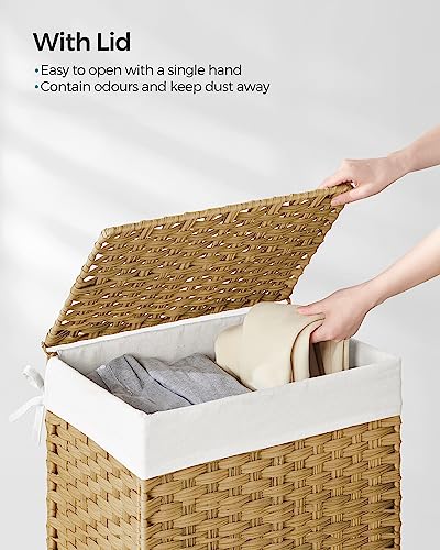 SONGMICS Laundry Basket, 90L Synthetic Rattan Storage Basket with Lid and Handles, Wicker, Foldable, Removable Liners, for Blankets, Clothes, Living Room, Bedroom, Laundry Room, Natural Colour LCB51NL 3 SONGMICS Laundry Basket, 90L Synthetic Rattan Storage Basket with Lid and Handles, Wicker, Foldable, Removable Liners, for Blankets, Clothes, Living Room, Bedroom, Laundry Room, Natural Colour LCB51NL - Image 3