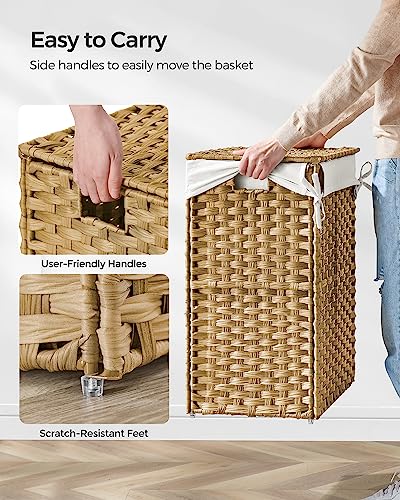 SONGMICS Laundry Basket, 90L Synthetic Rattan Storage Basket with Lid and Handles, Wicker, Foldable, Removable Liners, for Blankets, Clothes, Living Room, Bedroom, Laundry Room, Natural Colour LCB51NL 4 SONGMICS Laundry Basket, 90L Synthetic Rattan Storage Basket with Lid and Handles, Wicker, Foldable, Removable Liners, for Blankets, Clothes, Living Room, Bedroom, Laundry Room, Natural Colour LCB51NL - Image 4