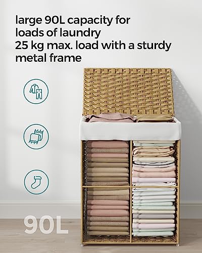 SONGMICS Laundry Basket, 90L Synthetic Rattan Storage Basket with Lid and Handles, Wicker, Foldable, Removable Liners, for Blankets, Clothes, Living Room, Bedroom, Laundry Room, Natural Colour LCB51NL 5 SONGMICS Laundry Basket, 90L Synthetic Rattan Storage Basket with Lid and Handles, Wicker, Foldable, Removable Liners, for Blankets, Clothes, Living Room, Bedroom, Laundry Room, Natural Colour LCB51NL - Image 5