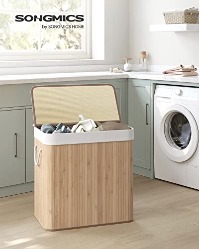 SONGMICS LCB091N01 Laundry Basket, 150 L Laundry Basket, 3 Compartments Sorting Compartments, Bamboo Lid, Handles, Foldable, Removable Machine Washable Bag, for Laundry Room, Bedroom, Wood Colour 2 SONGMICS LCB091N01 Laundry Basket, 150 L Laundry Basket, 3 Compartments Sorting Compartments, Bamboo Lid, Handles, Foldable, Removable Machine Washable Bag, for Laundry Room, Bedroom, Wood Colour - Image 2