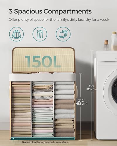 SONGMICS LCB091N01 Laundry Basket, 150 L Laundry Basket, 3 Compartments Sorting Compartments, Bamboo Lid, Handles, Foldable, Removable Machine Washable Bag, for Laundry Room, Bedroom, Wood Colour 4 SONGMICS LCB091N01 Laundry Basket, 150 L Laundry Basket, 3 Compartments Sorting Compartments, Bamboo Lid, Handles, Foldable, Removable Machine Washable Bag, for Laundry Room, Bedroom, Wood Colour - Image 4
