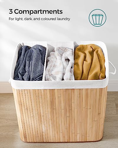 SONGMICS LCB091N01 Laundry Basket, 150 L Laundry Basket, 3 Compartments Sorting Compartments, Bamboo Lid, Handles, Foldable, Removable Machine Washable Bag, for Laundry Room, Bedroom, Wood Colour 5 SONGMICS LCB091N01 Laundry Basket, 150 L Laundry Basket, 3 Compartments Sorting Compartments, Bamboo Lid, Handles, Foldable, Removable Machine Washable Bag, for Laundry Room, Bedroom, Wood Colour - Image 5