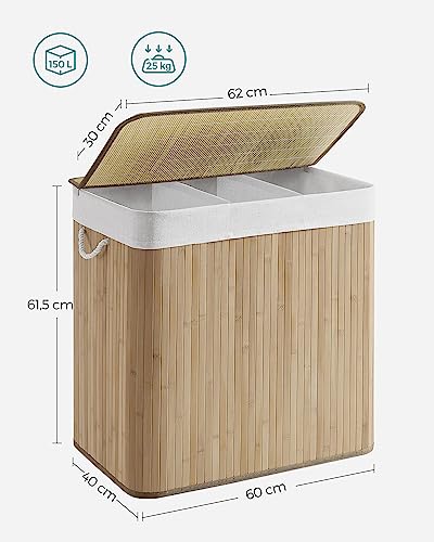 SONGMICS LCB091N01 Laundry Basket, 150 L Laundry Basket, 3 Compartments Sorting Compartments, Bamboo Lid, Handles, Foldable, Removable Machine Washable Bag, for Laundry Room, Bedroom, Wood Colour 6 SONGMICS LCB091N01 Laundry Basket, 150 L Laundry Basket, 3 Compartments Sorting Compartments, Bamboo Lid, Handles, Foldable, Removable Machine Washable Bag, for Laundry Room, Bedroom, Wood Colour - Image 6