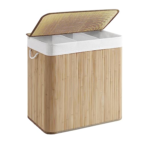 SONGMICS LCB091N01 Laundry Basket, 150 L Laundry Basket, 3 Compartments Sorting Compartments, Bamboo Lid, Handles, Foldable, Removable Machine Washable Bag, for Laundry Room, Bedroom, Wood Colour 1 SONGMICS LCB091N01 Laundry Basket, 150 L Laundry Basket, 3 Compartments Sorting Compartments, Bamboo Lid, Handles, Foldable, Removable Machine Washable Bag, for Laundry Room, Bedroom, Wood Colour