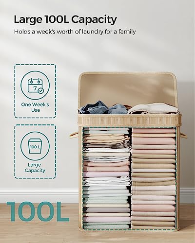 SONGMICS Laundry Hamper with Lid, 100 L Bamboo Laundry Basket, Removable Machine Washable Hamper Basket, with Handles, for Laundry Room, Bedroom, Washroom, Natural LCB063N01 5 SONGMICS Laundry Hamper with Lid, 100 L Bamboo Laundry Basket, Removable Machine Washable Hamper Basket, with Handles, for Laundry Room, Bedroom, Washroom, Natural LCB063N01 - Image 5