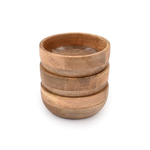 Samhita Mango Wood Round Bowl Set of 3 Perfect for Dips Sauce, Nuts, Appetizers, Desserts,. Looks Absolutey Beautiful with Your Kitchen Setting. (12.7cm x 12.7cm x 5.08cm) 1 Samhita Mango Wood Round Bowl Set of 3 Perfect for Dips Sauce, Nuts, Appetizers, Desserts,. Looks Absolutey Beautiful with Your Kitchen Setting. (12.7cm x 12.7cm x 5.08cm)