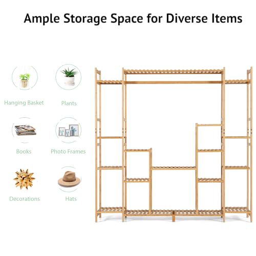 TANGZON 9 Tier Tall Bamboo Plant Stand, Indoor Outdoor Plant Shelf Holder with Hanging Rack, Hollowed Shelves & Anti-toppling Device, Flower Bonsai Pot Display Rack for Home Living Room Garden Balcony 2 TANGZON 9 Tier Tall Bamboo Plant Stand, Indoor Outdoor Plant Shelf Holder with Hanging Rack, Hollowed Shelves & Anti-toppling Device, Flower Bonsai Pot Display Rack for Home Living Room Garden Balcony - Image 2