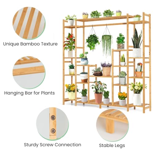 TANGZON 9 Tier Tall Bamboo Plant Stand, Indoor Outdoor Plant Shelf Holder with Hanging Rack, Hollowed Shelves & Anti-toppling Device, Flower Bonsai Pot Display Rack for Home Living Room Garden Balcony 4 TANGZON 9 Tier Tall Bamboo Plant Stand, Indoor Outdoor Plant Shelf Holder with Hanging Rack, Hollowed Shelves & Anti-toppling Device, Flower Bonsai Pot Display Rack for Home Living Room Garden Balcony - Image 4