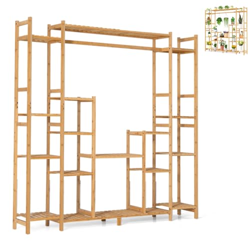 TANGZON 9 Tier Tall Bamboo Plant Stand, Indoor Outdoor Plant Shelf Holder with Hanging Rack, Hollowed Shelves & Anti-toppling Device, Flower Bonsai Pot Display Rack for Home Living Room Garden Balcony 1 TANGZON 9 Tier Tall Bamboo Plant Stand, Indoor Outdoor Plant Shelf Holder with Hanging Rack, Hollowed Shelves & Anti-toppling Device, Flower Bonsai Pot Display Rack for Home Living Room Garden Balcony