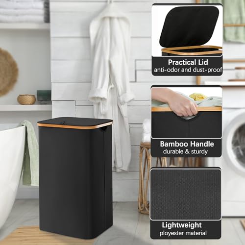 Ulife Mall 100L Black Laundry Basket with Lid, Laundry Hamper With Bamboo Handles Slim Foldable, Removable Mesh Liner Large Wash Baskets Laundry Bin Dirty Clothes Basket for Dorm, Laundry Room 2 Ulife Mall 100L Black Laundry Basket with Lid, Laundry Hamper With Bamboo Handles Slim Foldable, Removable Mesh Liner Large Wash Baskets Laundry Bin Dirty Clothes Basket for Dorm, Laundry Room - Image 2