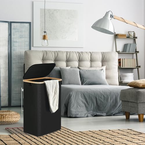 Ulife Mall 100L Black Laundry Basket with Lid, Laundry Hamper With Bamboo Handles Slim Foldable, Removable Mesh Liner Large Wash Baskets Laundry Bin Dirty Clothes Basket for Dorm, Laundry Room 3 Ulife Mall 100L Black Laundry Basket with Lid, Laundry Hamper With Bamboo Handles Slim Foldable, Removable Mesh Liner Large Wash Baskets Laundry Bin Dirty Clothes Basket for Dorm, Laundry Room - Image 3