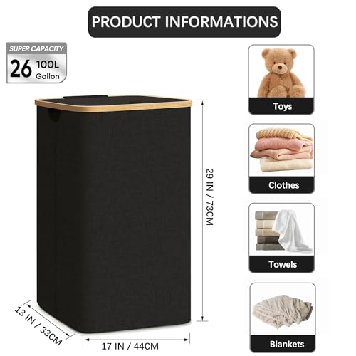 Ulife Mall 100L Black Laundry Basket with Lid, Laundry Hamper With Bamboo Handles Slim Foldable, Removable Mesh Liner Large Wash Baskets Laundry Bin Dirty Clothes Basket for Dorm, Laundry Room 4 Ulife Mall 100L Black Laundry Basket with Lid, Laundry Hamper With Bamboo Handles Slim Foldable, Removable Mesh Liner Large Wash Baskets Laundry Bin Dirty Clothes Basket for Dorm, Laundry Room - Image 4
