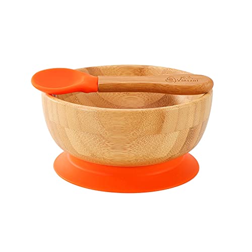 Vinsani Bamboo Bowl and Spoon Set for Baby/Toddler, Suction Plate, Stay-Put Design, Hypoallergenic and BPA-Free (Orange) 1 Vinsani Bamboo Bowl and Spoon Set for Baby/Toddler, Suction Plate, Stay-Put Design, Hypoallergenic and BPA-Free (Orange)