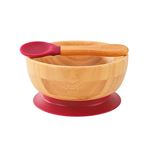 Vinsani Bamboo Bowl and Spoon Set for Baby/Toddler, Suction Plate, Stay-Put Design, Hypoallergenic and BPA-Free (Red) 1 Vinsani Bamboo Bowl and Spoon Set for Baby/Toddler, Suction Plate, Stay-Put Design, Hypoallergenic and BPA-Free (Red)