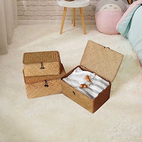 Wicker Storage Basket Woven Rattan Storage Box With Lids Seagrass Laundry Baskets Makeup Organizer For Bathroom, Living Room, Kitchen (L) 4 Wicker Storage Basket Woven Rattan Storage Box With Lids Seagrass Laundry Baskets Makeup Organizer For Bathroom, Living Room, Kitchen (L) - Image 4