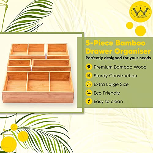 Winged Sirius 5-Piece Bamboo Drawer Organiser | Multi-Sized Compartments with Removable Dividers | Set of 5 Durable Wood Storage Boxes with Extra Foot Pads | Perfect for Home and Office Use 4 Winged Sirius 5-Piece Bamboo Drawer Organiser | Multi-Sized Compartments with Removable Dividers | Set of 5 Durable Wood Storage Boxes with Extra Foot Pads | Perfect for Home and Office Use - Image 4