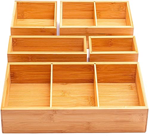 Winged Sirius 5-Piece Bamboo Drawer Organiser | Multi-Sized Compartments with Removable Dividers | Set of 5 Durable Wood Storage Boxes with Extra Foot Pads | Perfect for Home and Office Use 1 Winged Sirius 5-Piece Bamboo Drawer Organiser | Multi-Sized Compartments with Removable Dividers | Set of 5 Durable Wood Storage Boxes with Extra Foot Pads | Perfect for Home and Office Use