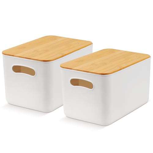 Worephu 2 Pack Plastic Storage Baskets With Bamboo Lid and Handle, Lidded Desktop Storage Organizer Box, Stackable Bins Containers for Drawers Closet Bedroom Playroom Office 1 Worephu 2 Pack Plastic Storage Baskets With Bamboo Lid and Handle, Lidded Desktop Storage Organizer Box, Stackable Bins Containers for Drawers Closet Bedroom Playroom Office