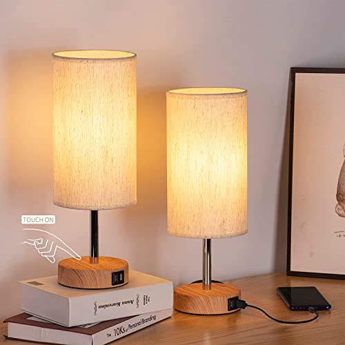 Yarra-Decor Bedside Lamps with USB Port - Touch Control Table Lamp for Bedroom Wood 3 Way Dimmable Nightstand Lamp Set of 2 with Round Flaxen Fabric Shade for Living Room, Dorm, Home Office (2 Pack) 1 Yarra-Decor Bedside Lamps with USB Port - Touch Control Table Lamp for Bedroom Wood 3 Way Dimmable Nightstand Lamp Set of 2 with Round Flaxen Fabric Shade for Living Room, Dorm, Home Office (2 Pack)