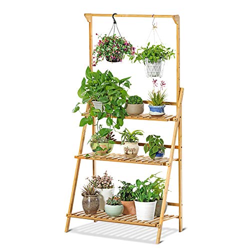 Yosoo Health Gear 3 Tier Flower Ladder Rack, Foldable Ladder Stand Hanging Rack Flower Rack Planter Shelves Bamboo Ladder Plant Stand Display Shelf with Hanging Rod for Garden Home Balcony 1 Yosoo Health Gear 3 Tier Flower Ladder Rack, Foldable Ladder Stand Hanging Rack Flower Rack Planter Shelves Bamboo Ladder Plant Stand Display Shelf with Hanging Rod for Garden Home Balcony
