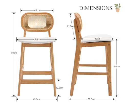chairus Set of 2 Bar stools PU Leather Breakfast Stools for Kitchen Counter with Rattan Backrest Solid Wood Island Bar Chairs (White-2) 2 chairus Set of 2 Bar stools PU Leather Breakfast Stools for Kitchen Counter with Rattan Backrest Solid Wood Island Bar Chairs (White-2) - Image 2