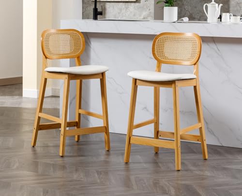 chairus Set of 2 Bar stools PU Leather Breakfast Stools for Kitchen Counter with Rattan Backrest Solid Wood Island Bar Chairs (White-2) 3 chairus Set of 2 Bar stools PU Leather Breakfast Stools for Kitchen Counter with Rattan Backrest Solid Wood Island Bar Chairs (White-2) - Image 3