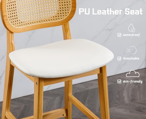 chairus Set of 2 Bar stools PU Leather Breakfast Stools for Kitchen Counter with Rattan Backrest Solid Wood Island Bar Chairs (White-2) 5 chairus Set of 2 Bar stools PU Leather Breakfast Stools for Kitchen Counter with Rattan Backrest Solid Wood Island Bar Chairs (White-2) - Image 5