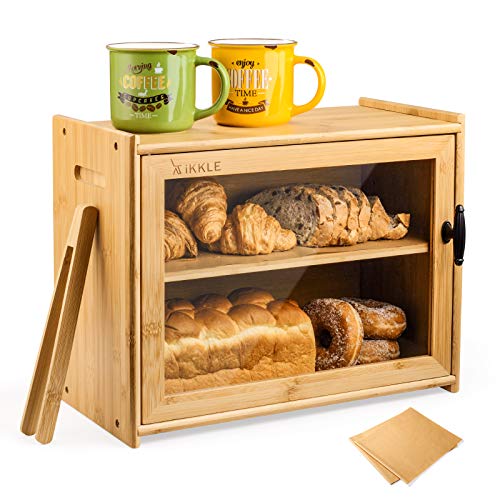 ikkle Bamboo Bread Box, Double Bread Storage Holder, Large Capacity Bread Bin Kitchen Organizer with Toaster Tong,2-Layer Bread Box for Kitchen Countertop Pantry 1 ikkle Bamboo Bread Box, Double Bread Storage Holder, Large Capacity Bread Bin Kitchen Organizer with Toaster Tong,2-Layer Bread Box for Kitchen Countertop Pantry