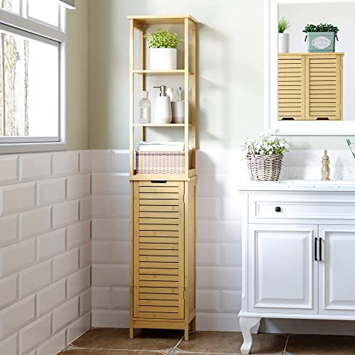 kleankin Bathroom Floor Cabinet with 3 Shelves, Slim Storage Cupboard and Freestanding Organiser, Natural, Light Brown, 34cmx30cmx173cm (834-408) 2 kleankin Bathroom Floor Cabinet with 3 Shelves, Slim Storage Cupboard and Freestanding Organiser, Natural, Light Brown, 34cmx30cmx173cm (834-408) - Image 2