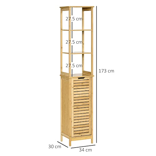 kleankin Bathroom Floor Cabinet with 3 Shelves, Slim Storage Cupboard and Freestanding Organiser, Natural, Light Brown, 34cmx30cmx173cm (834-408) 3 kleankin Bathroom Floor Cabinet with 3 Shelves, Slim Storage Cupboard and Freestanding Organiser, Natural, Light Brown, 34cmx30cmx173cm (834-408) - Image 3