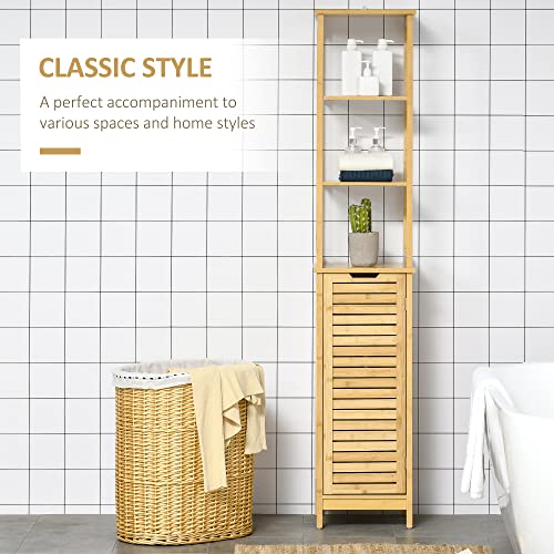 kleankin Bathroom Floor Cabinet with 3 Shelves, Slim Storage Cupboard and Freestanding Organiser, Natural, Light Brown, 34cmx30cmx173cm (834-408) 5 kleankin Bathroom Floor Cabinet with 3 Shelves, Slim Storage Cupboard and Freestanding Organiser, Natural, Light Brown, 34cmx30cmx173cm (834-408) - Image 5