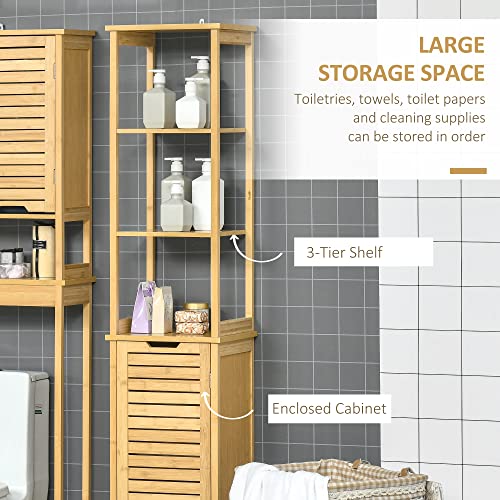 kleankin Bathroom Floor Cabinet with 3 Shelves, Slim Storage Cupboard and Freestanding Organiser, Natural, Light Brown, 34cmx30cmx173cm (834-408) 6 kleankin Bathroom Floor Cabinet with 3 Shelves, Slim Storage Cupboard and Freestanding Organiser, Natural, Light Brown, 34cmx30cmx173cm (834-408) - Image 6
