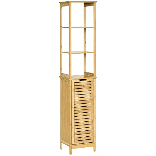 kleankin Bathroom Floor Cabinet with 3 Shelves, Slim Storage Cupboard and Freestanding Organiser, Natural, Light Brown, 34cmx30cmx173cm (834-408) 1 kleankin Bathroom Floor Cabinet with 3 Shelves, Slim Storage Cupboard and Freestanding Organiser, Natural, Light Brown, 34cmx30cmx173cm (834-408)