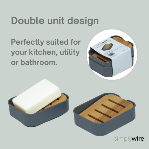 simplywire – Pack of 2 – Plastic Soap Dishes with Natural Slanted Bamboo Shelf – Bathroom Soap Holders - Grey 2 simplywire – Pack of 2 – Plastic Soap Dishes with Natural Slanted Bamboo Shelf – Bathroom Soap Holders - Grey - Image 2