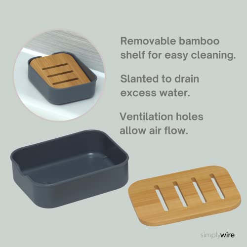 simplywire – Pack of 2 – Plastic Soap Dishes with Natural Slanted Bamboo Shelf – Bathroom Soap Holders - Grey 4 simplywire – Pack of 2 – Plastic Soap Dishes with Natural Slanted Bamboo Shelf – Bathroom Soap Holders - Grey - Image 4
