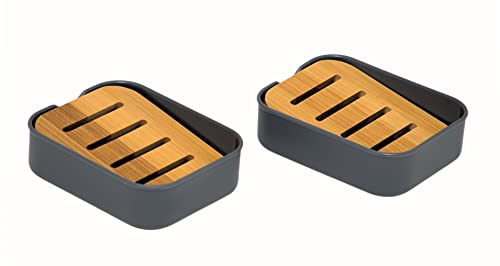 simplywire – Pack of 2 – Plastic Soap Dishes with Natural Slanted Bamboo Shelf – Bathroom Soap Holders - Grey 1 simplywire – Pack of 2 – Plastic Soap Dishes with Natural Slanted Bamboo Shelf – Bathroom Soap Holders - Grey