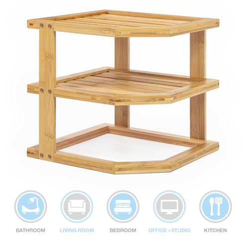 woodluv Corner Shelf Shelves Unit 3 Tier, Cupboard Organiser, Bathroom Shelf, Corner Organiser, Standing Storage Unit For Home, Living Room, Kitchen - Bamboo 6 woodluv Corner Shelf Shelves Unit 3 Tier, Cupboard Organiser, Bathroom Shelf, Corner Organiser, Standing Storage Unit For Home, Living Room, Kitchen - Bamboo - Image 6