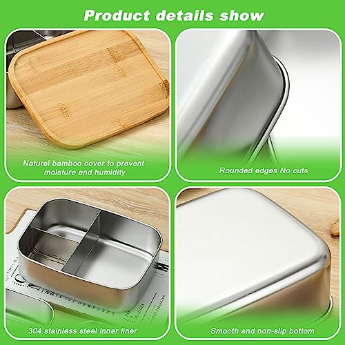 Qivine Stainless Steel Lunch Box, 1200ML Metal Lunch Box with Wooden Lid, Bento Box Lunchs BoxesAdults 3 Compartment Sandwich Boxes for Adults with Fork & Spoon for School, Office, Picnic 4 Qivine Stainless Steel Lunch Box, 1200ML Metal Lunch Box with Wooden Lid, Bento Box Lunchs BoxesAdults 3 Compartment Sandwich Boxes for Adults with Fork & Spoon for School, Office, Picnic - Image 4
