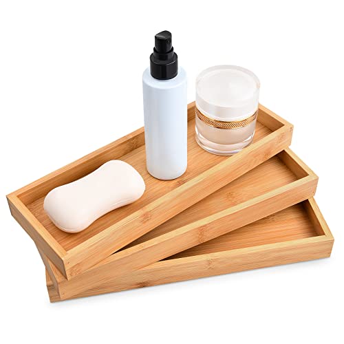 3 Pcs Bamboo Tea Serving Tray, Decorative Multi Use Bathroom Counter Tray with Edges Bamboo Vanity Tray for Dresser Counter Food Coffee Tea Snack Tissues Candles, 11 x 4 Inch 1 3 Pcs Bamboo Tea Serving Tray, Decorative Multi Use Bathroom Counter Tray with Edges Bamboo Vanity Tray for Dresser Counter Food Coffee Tea Snack Tissues Candles, 11 x 4 Inch