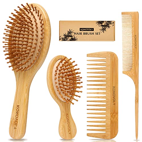 4 Piece Bamboo Hair Brush and Comb Set with Paddle Detangling Hairbrush Natural Wide-tooth and tail comb No Bristle, suit for Women Men Kids Thick/Thin/Curly/Dry Hair Gift kit 1 4 Piece Bamboo Hair Brush and Comb Set with Paddle Detangling Hairbrush Natural Wide-tooth and tail comb No Bristle, suit for Women Men Kids Thick/Thin/Curly/Dry Hair Gift kit