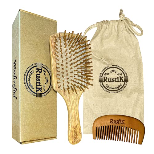 Bamboo Paddle Hair Brush Set By RustiK, Eco Friendly, Handmade, Anti Static, Gift set, Travel Bag, Pear Wood Comb, Woodcrafted For Men and Women. 1 Bamboo Paddle Hair Brush Set By RustiK, Eco Friendly, Handmade, Anti Static, Gift set, Travel Bag, Pear Wood Comb, Woodcrafted For Men and Women.