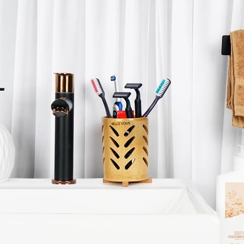 Belle Vous 2 Pack of Bamboo Toothbrush Holders with Drainage - Eco-Friendly Toothbrush Caddy with Cork Base - Travel-Size Cups for Bathroom Countertop/Vanity - Holds Toothbrush, Toothpaste & Razors 5 Belle Vous 2 Pack of Bamboo Toothbrush Holders with Drainage - Eco-Friendly Toothbrush Caddy with Cork Base - Travel-Size Cups for Bathroom Countertop/Vanity - Holds Toothbrush, Toothpaste & Razors - Image 5
