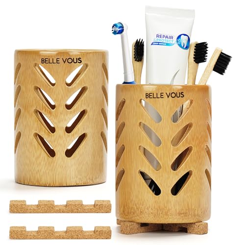 Belle Vous 2 Pack of Bamboo Toothbrush Holders with Drainage - Eco-Friendly Toothbrush Caddy with Cork Base - Travel-Size Cups for Bathroom Countertop/Vanity - Holds Toothbrush, Toothpaste & Razors 1 Belle Vous 2 Pack of Bamboo Toothbrush Holders with Drainage - Eco-Friendly Toothbrush Caddy with Cork Base - Travel-Size Cups for Bathroom Countertop/Vanity - Holds Toothbrush, Toothpaste & Razors