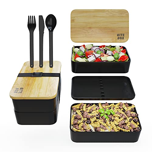Bite Box Set Bite Box Lunchbox 1400ml Modern 2 Tier Lunch Box with Bamboo Lid, 3 ...