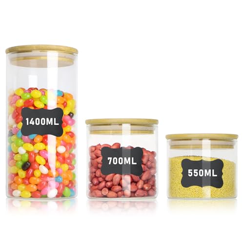 Bobeen Glass Jars with Bamboo Lids Set of 3, (1400ml/700ml/550ml) Airtight Pasta Storage Containers for Coffee Beans, Rice Noodles, Lentils etc 1 Bobeen Glass Jars with Bamboo Lids Set of 3, (1400ml/700ml/550ml) Airtight Pasta Storage Containers for Coffee Beans, Rice Noodles, Lentils etc