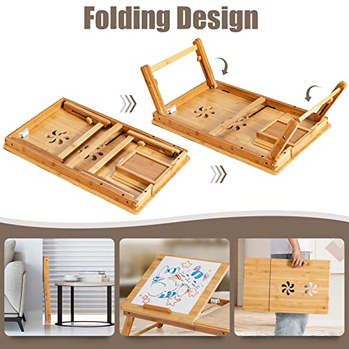COSTWAY Bamboo Laptop Stand for Bed, Folding Adjustable Laptop Tray Bed Table with Tilting Top and Storage Drawer, Portable Notebook Lap Desk Breakfast Serving Tray Drawing Table, Natural 4 COSTWAY Bamboo Laptop Stand for Bed, Folding Adjustable Laptop Tray Bed Table with Tilting Top and Storage Drawer, Portable Notebook Lap Desk Breakfast Serving Tray Drawing Table, Natural - Image 4
