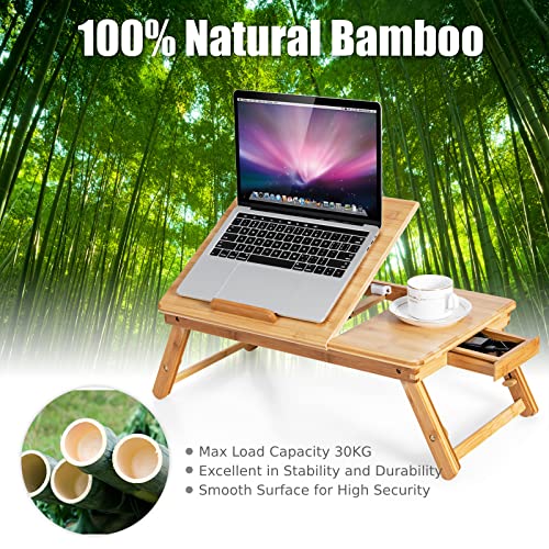 COSTWAY Bamboo Laptop Stand for Bed, Folding Adjustable Laptop Tray Bed Table with Tilting Top and Storage Drawer, Portable Notebook Lap Desk Breakfast Serving Tray Drawing Table, Natural 6 COSTWAY Bamboo Laptop Stand for Bed, Folding Adjustable Laptop Tray Bed Table with Tilting Top and Storage Drawer, Portable Notebook Lap Desk Breakfast Serving Tray Drawing Table, Natural - Image 6